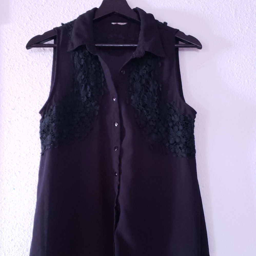 Sheer Black Blouse With Lace and Collar S/M